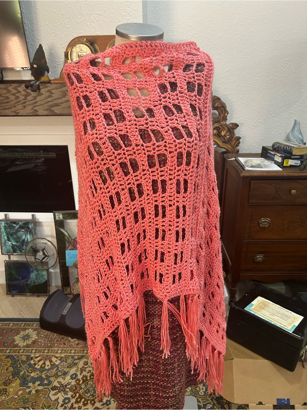 Handmade Coral Crochet Fringe Shawl - Lightweight Open-Weave Wrap